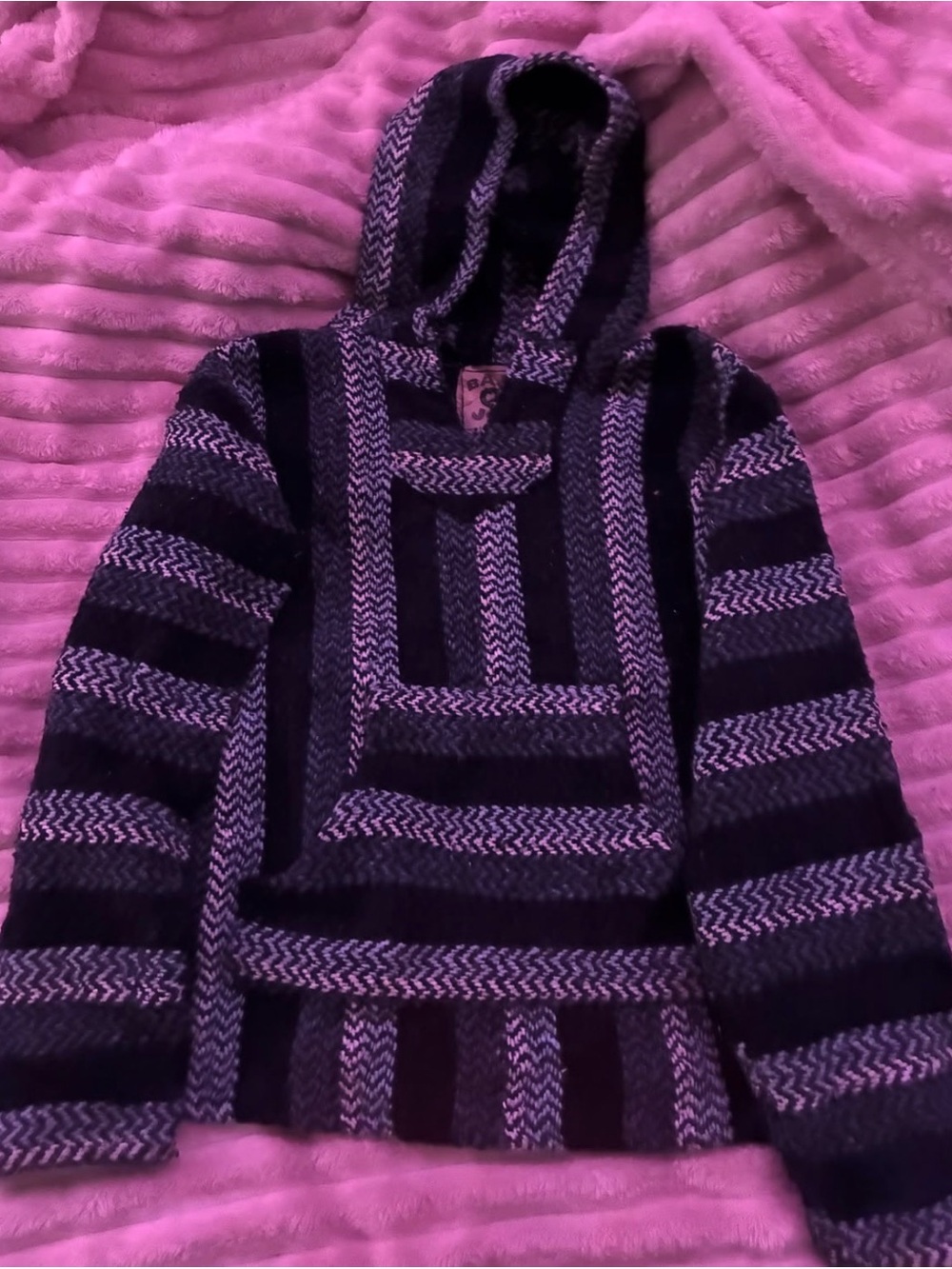 Hooded Striped Baja Knit Pullover - Black & Gray